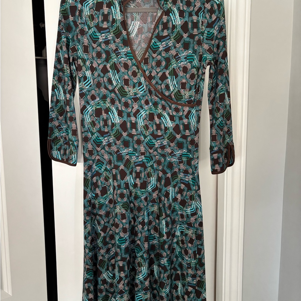 Blue A-line Wrap Dress with V-neck and 3/4 Sleeves